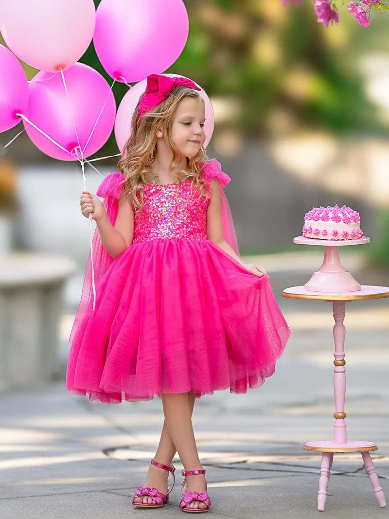Sunnypetal Hot Pink Sequins Flower Girl Dress V-Back Puff Sleeve Birthday Party Dress