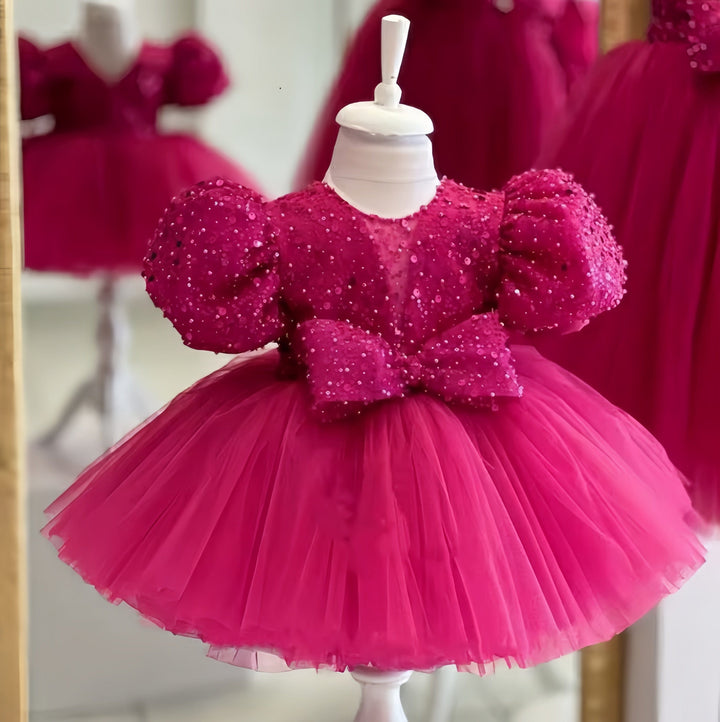 Sunnypetal Hot Pink Sequins Tulle Knee-Length Birthday Party Baby Toddler Dresses