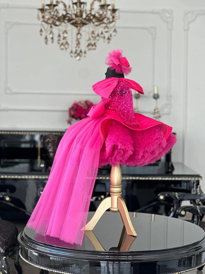 Sunnypetal Hot Pink Sparkling Tulle Skirt Flower Girl Dress with Removable Train&Bow