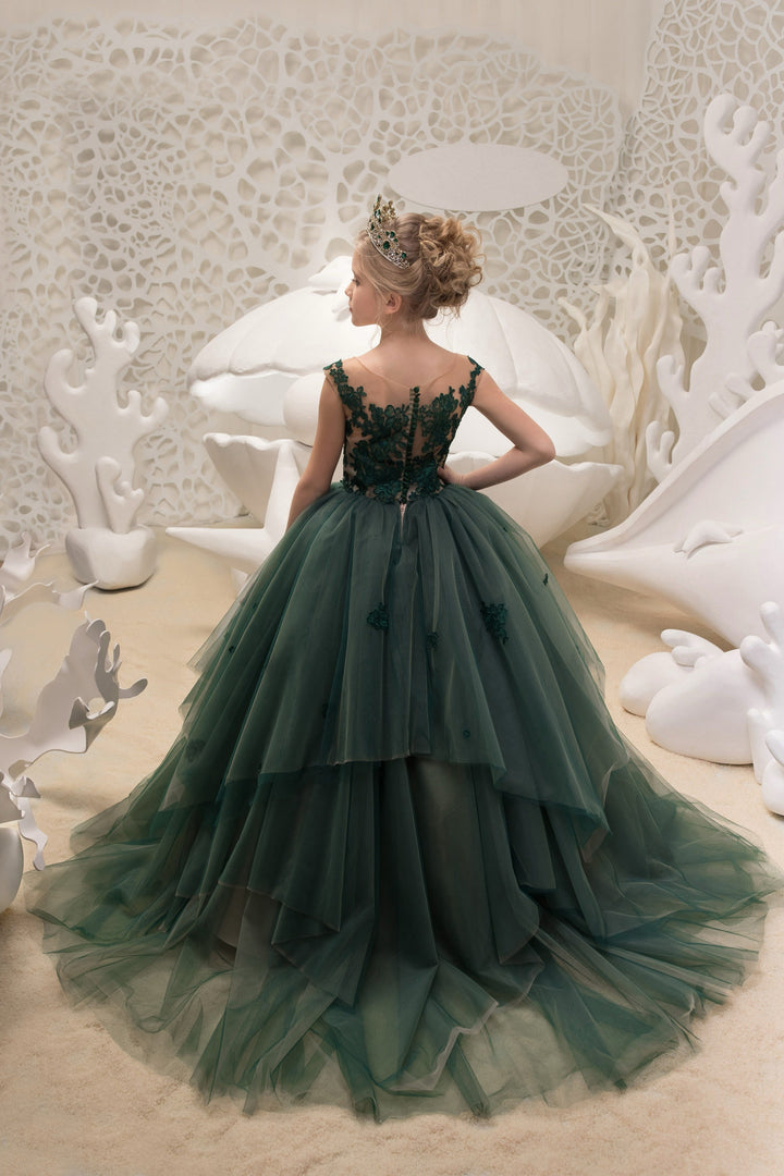 Sunnypetal Hunter Green Floral Appliques Long Princess Multi-Layer Tulle Flower Girl Dress with Train