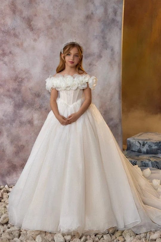 Sunnypetal Ivory Floral Tulle Flower Girl Dresses Scoop Neck  Off-The-Shoulder Communion Dress