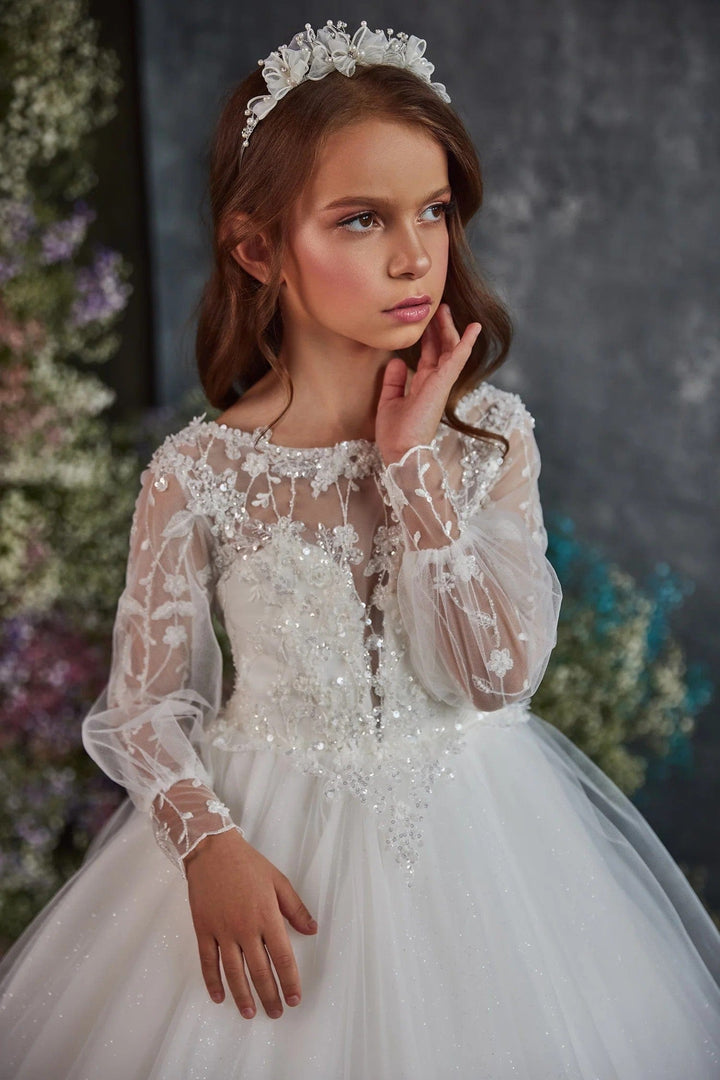 Sunnypetal Ivory Lace Illusion Long Sleeve Butterfly Appliqué Flower Girl Gown
