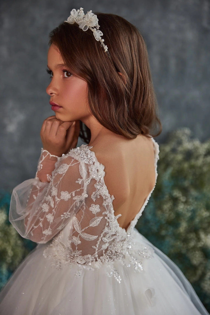 Sunnypetal Ivory Lace Illusion Long Sleeve Butterfly Appliqué Flower Girl Gown