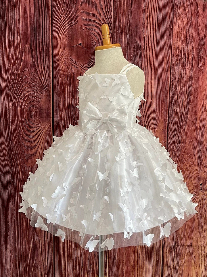 Sunnypetal Ivory Off-Shoulder 3D Butterfly Tulle Flower Girl Modern Communion Dress