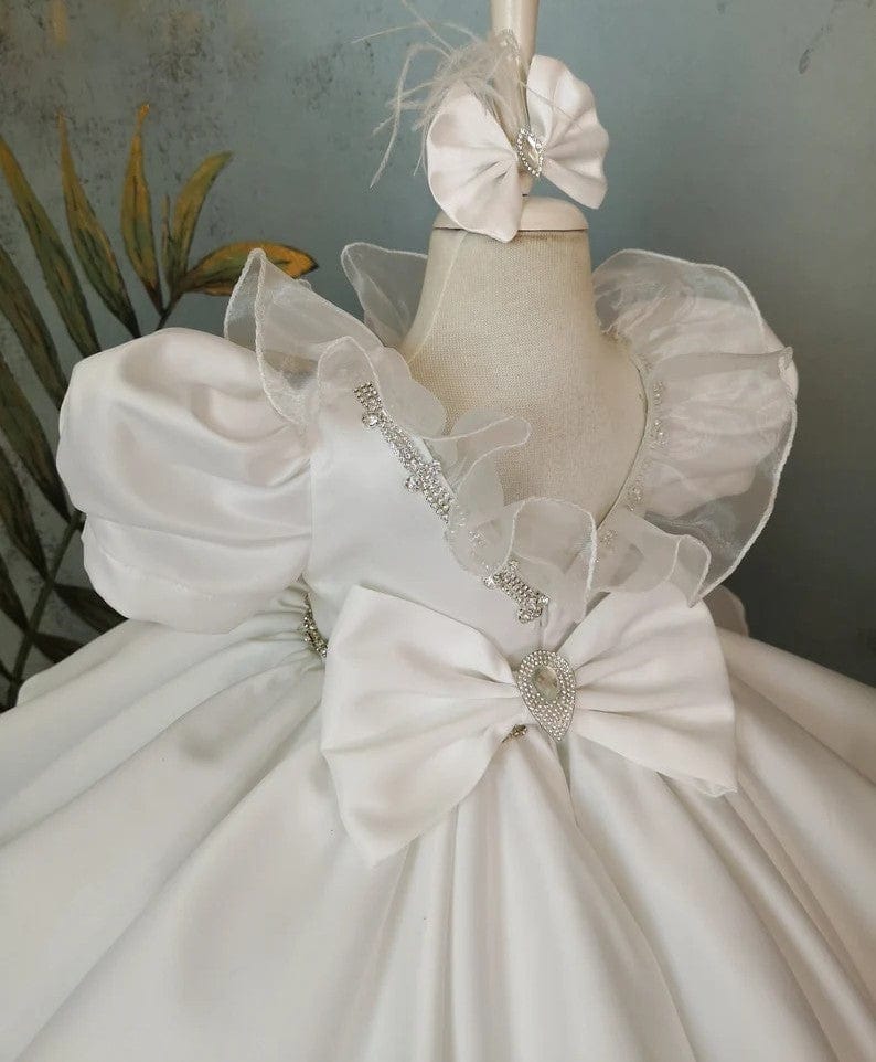 Sunnypetal Ivory Puff Sleeves Satin Rhinestones Bow Knee-Length Flower Girl Dresses