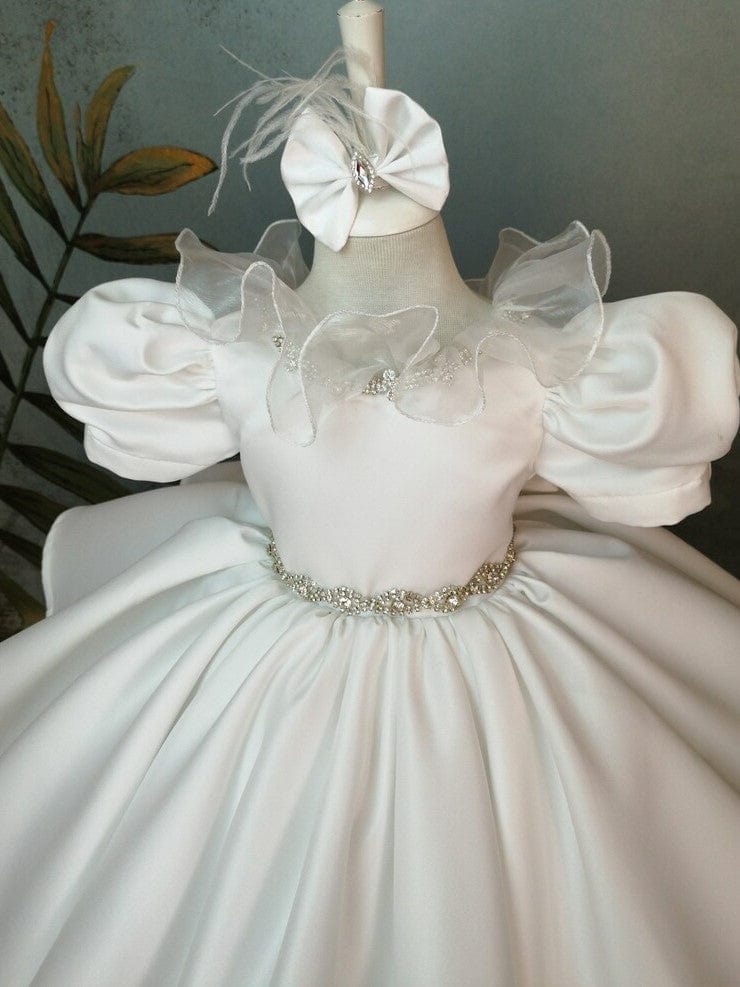 Sunnypetal Ivory Puff Sleeves Satin Rhinestones Bow Knee-Length Flower Girl Dresses