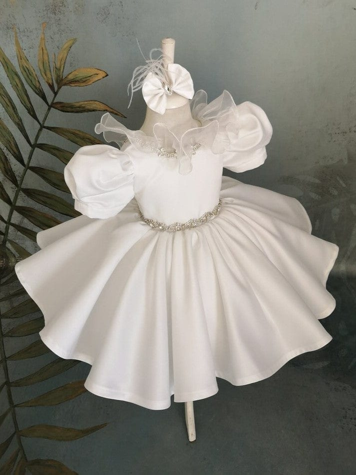 Sunnypetal Ivory Puff Sleeves Satin Rhinestones Bow Knee-Length Flower Girl Dresses