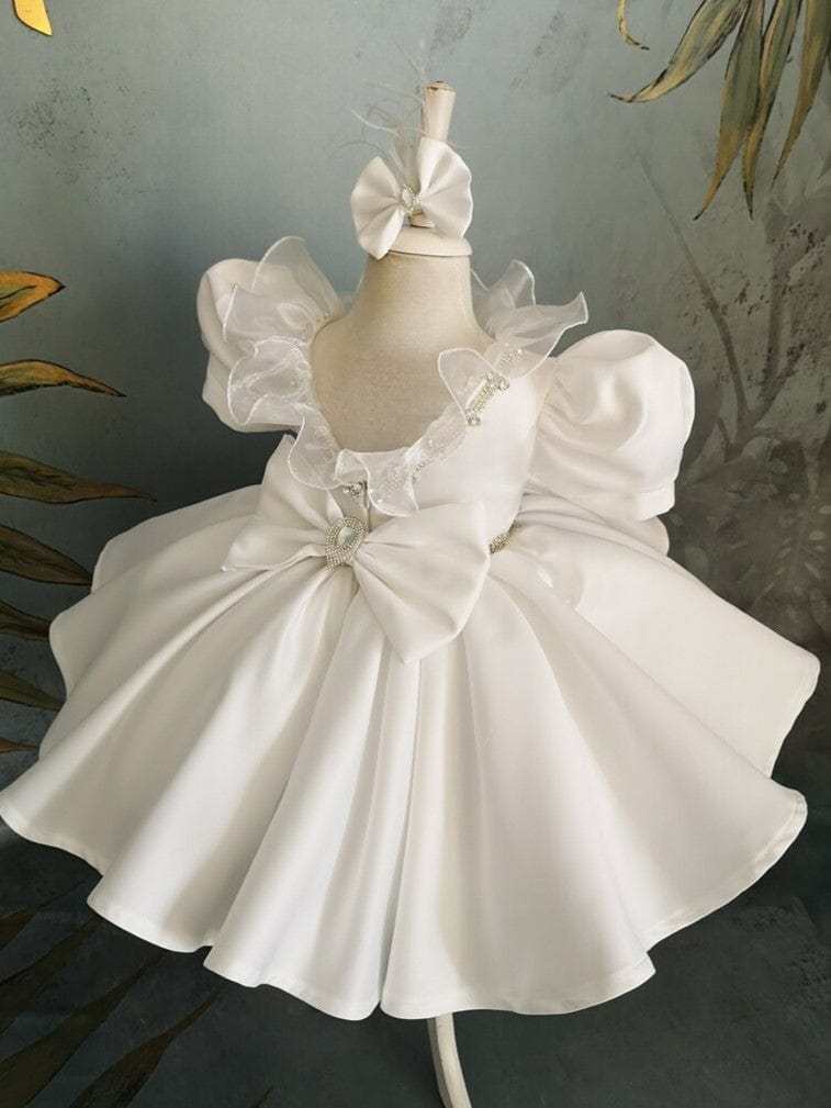 Sunnypetal Ivory Puff Sleeves Satin Rhinestones Bow Knee-Length Flower Girl Dresses