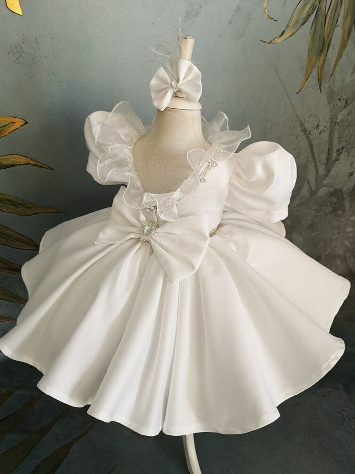 Sunnypetal Ivory Puff Sleeves Satin Rhinestones Bow Knee-Length Flower Girl Dresses
