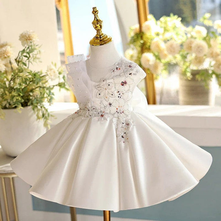 Sunnypetal Ivory Satin Floral Appliques Knee-Length Flower Girl Dresses with Bow