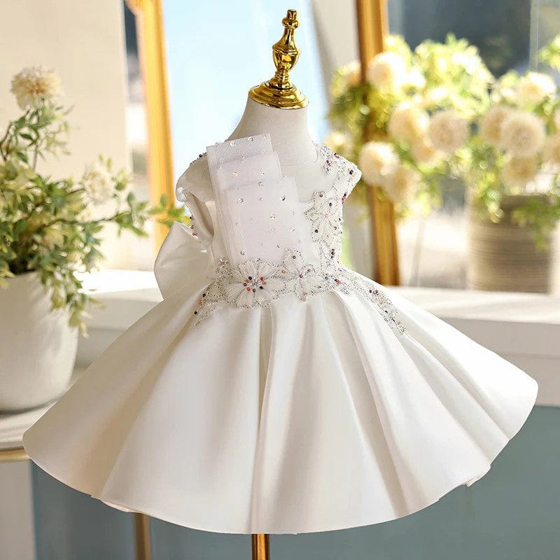Sunnypetal Ivory Satin Floral Appliques Knee-Length Flower Girl Dresses with Bow