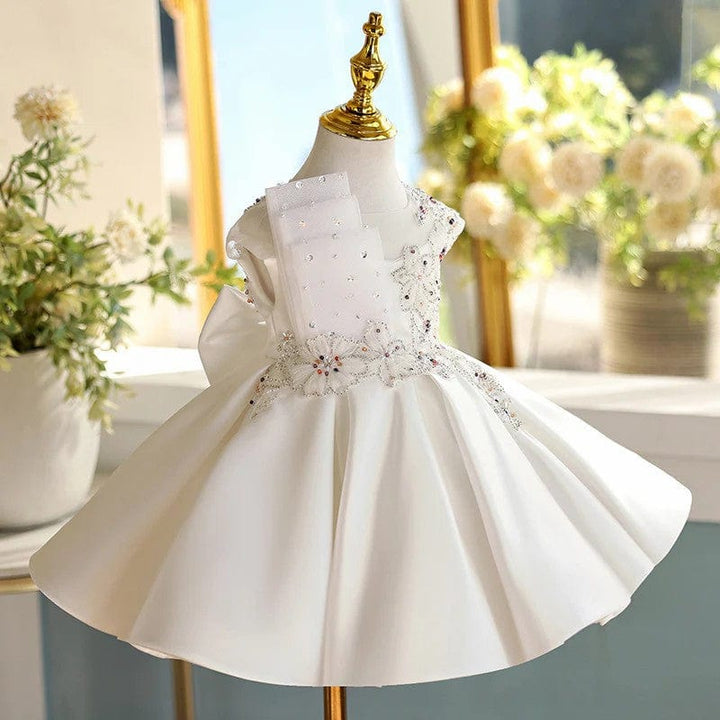 Sunnypetal Ivory Satin Floral Appliques Knee-Length Flower Girl Dresses with Bow