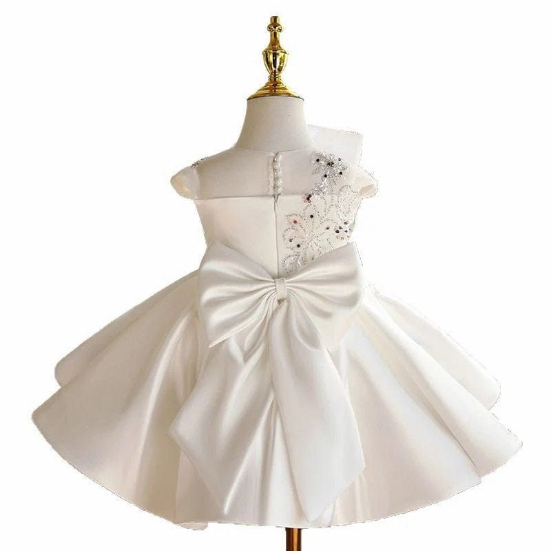Sunnypetal Ivory Satin Floral Appliques Knee-Length Flower Girl Dresses with Bow