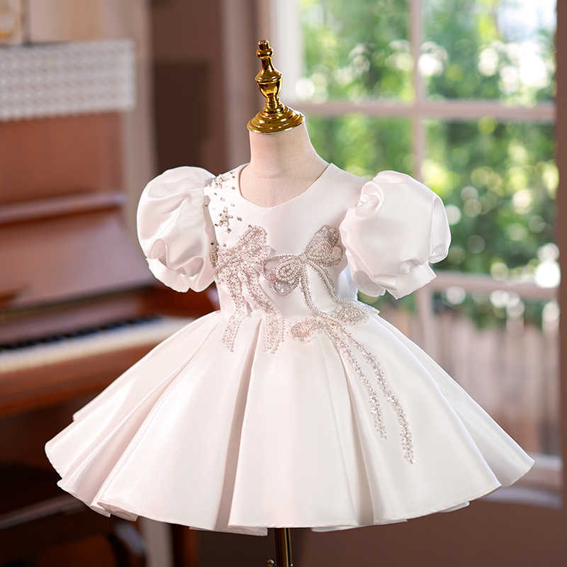 Sunnypetal Ivory Satin Short Sleeves Knee-Length Flower Girl Dress with Bow
