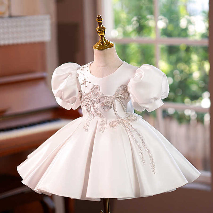 Sunnypetal Ivory Satin Short Sleeves Knee-Length Flower Girl Dress with Bow