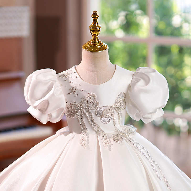 Sunnypetal Ivory Satin Short Sleeves Knee-Length Flower Girl Dress with Bow