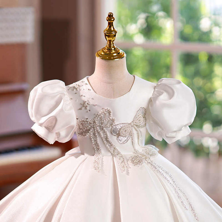 Sunnypetal Ivory Satin Short Sleeves Knee-Length Flower Girl Dress with Bow