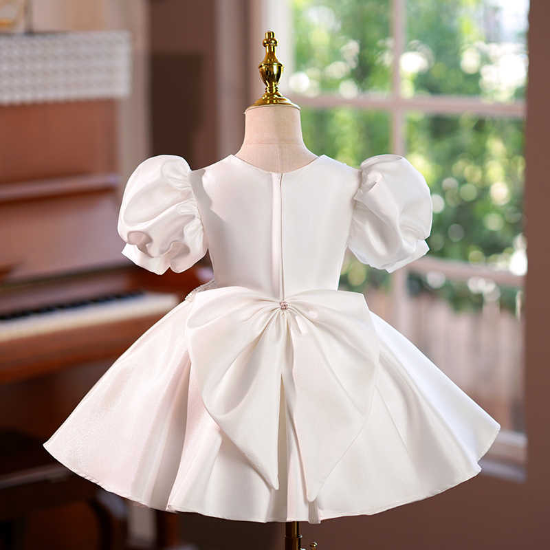 Sunnypetal Ivory Satin Short Sleeves Knee-Length Flower Girl Dress with Bow