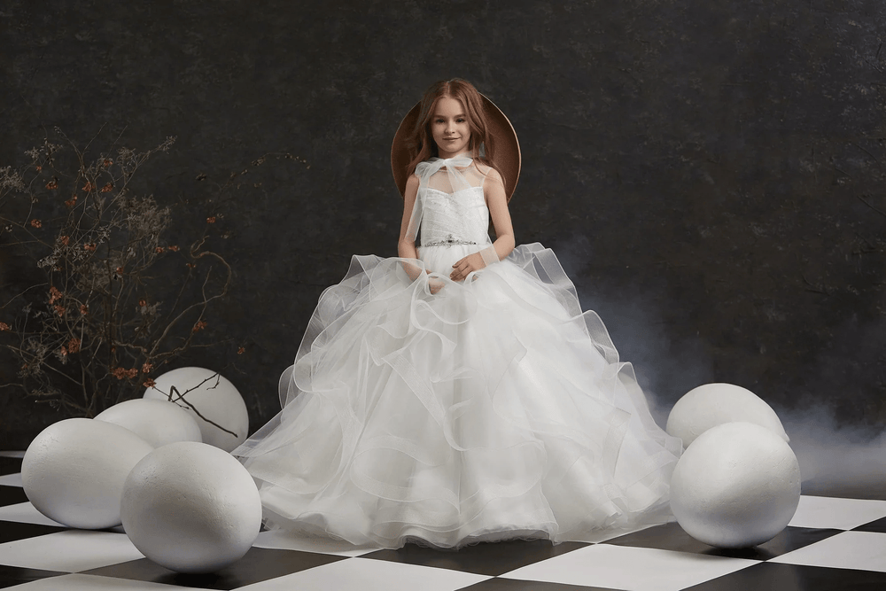 Sunnypetal Ivory Sleeveless Ruffled Tulle Ball-Gown Flower Girl Dresses