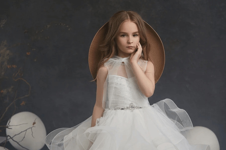 Sunnypetal Ivory Sleeveless Ruffled Tulle Ball-Gown Flower Girl Dresses