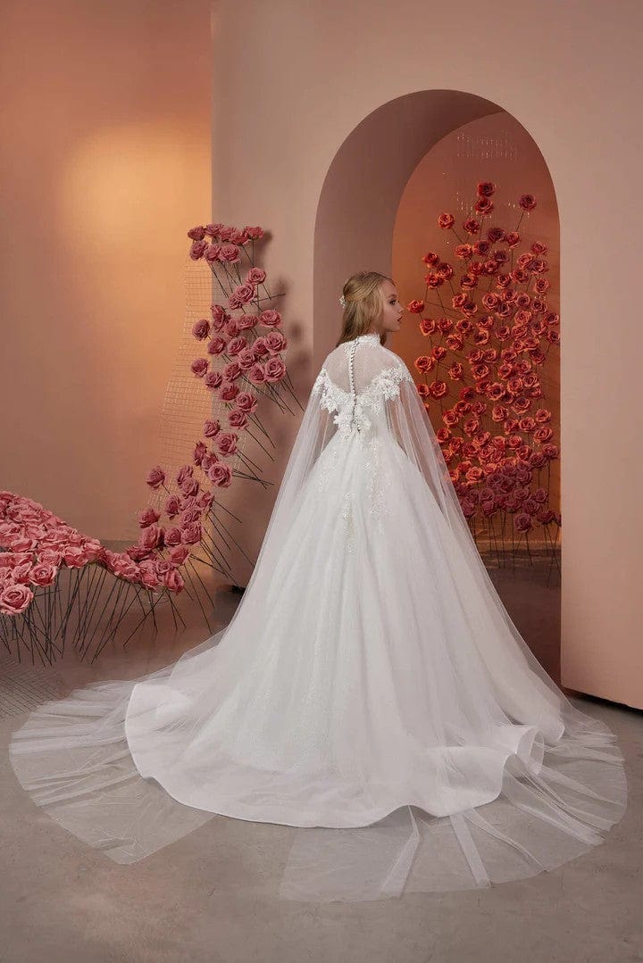 Sunnypetal Lace Appliques Sequins Long Glitter Tulle Flower Girl Dresses with Cloak Sleeves