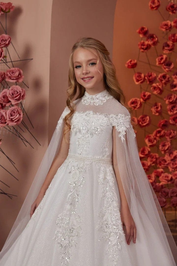Sunnypetal Lace Appliques Sequins Long Glitter Tulle Flower Girl Dresses with Cloak Sleeves