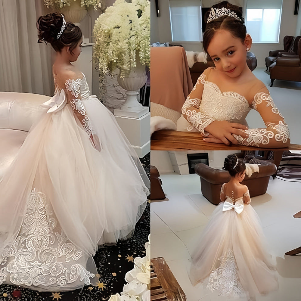 Sunnypetal Lace Long Sleeves Flower Girl Dresses for Wedding Princess Pageant Gown