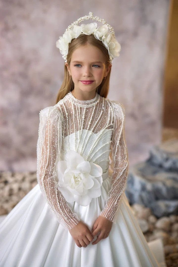 Sunnypetal Lace Long Sleeves Vintage High Neck Faith Communion Gown with 3D Flower