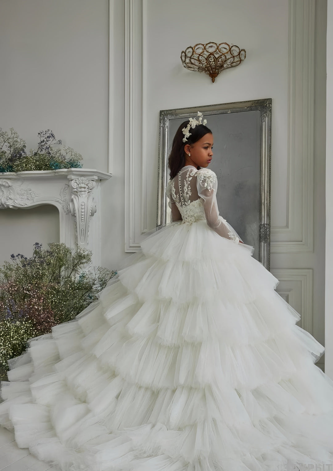 Sunnypetal Layered Fluffy Tulle Lace Flower Girl Dress Communion Celebration Party Gown
