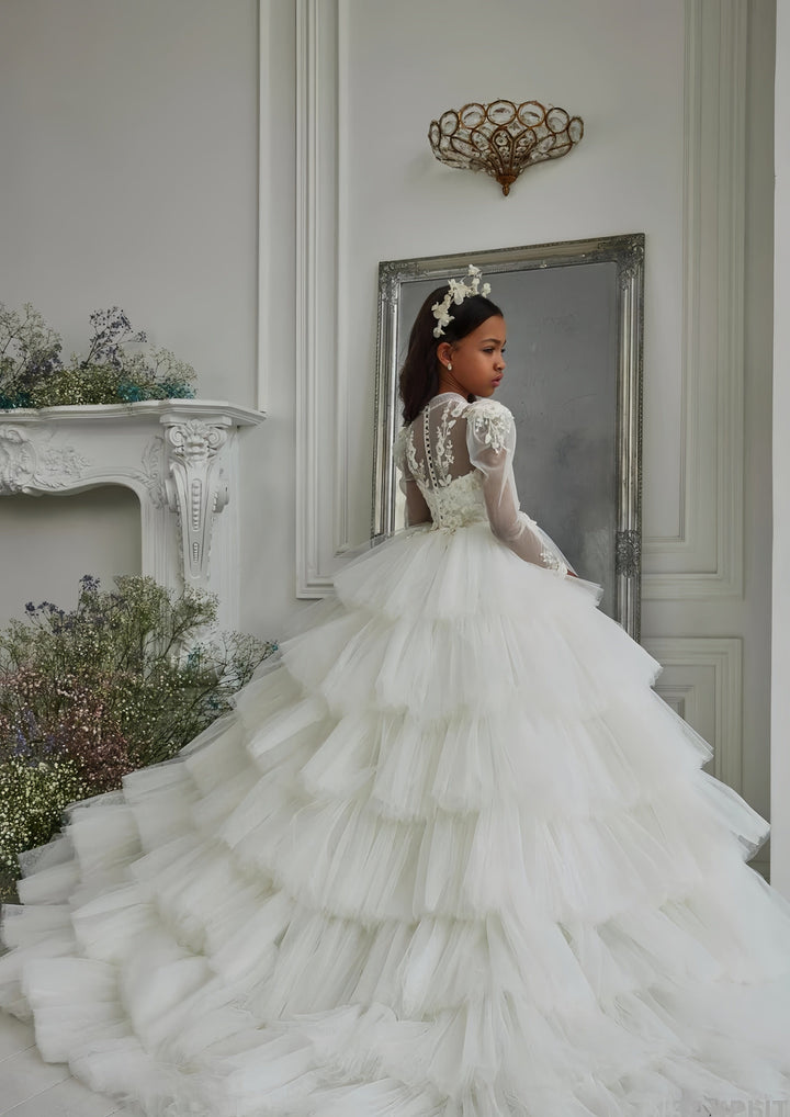 Sunnypetal Layered Fluffy Tulle Lace Flower Girl Dress Communion Celebration Party Gown