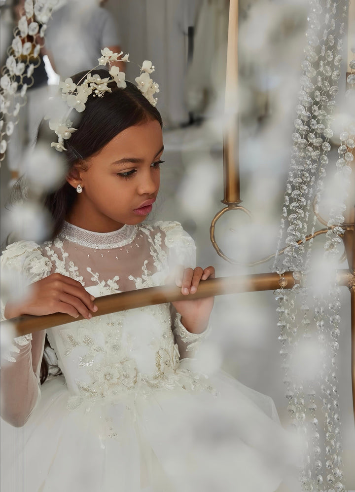 Sunnypetal Layered Fluffy Tulle Lace Flower Girl Dress Communion Celebration Party Gown