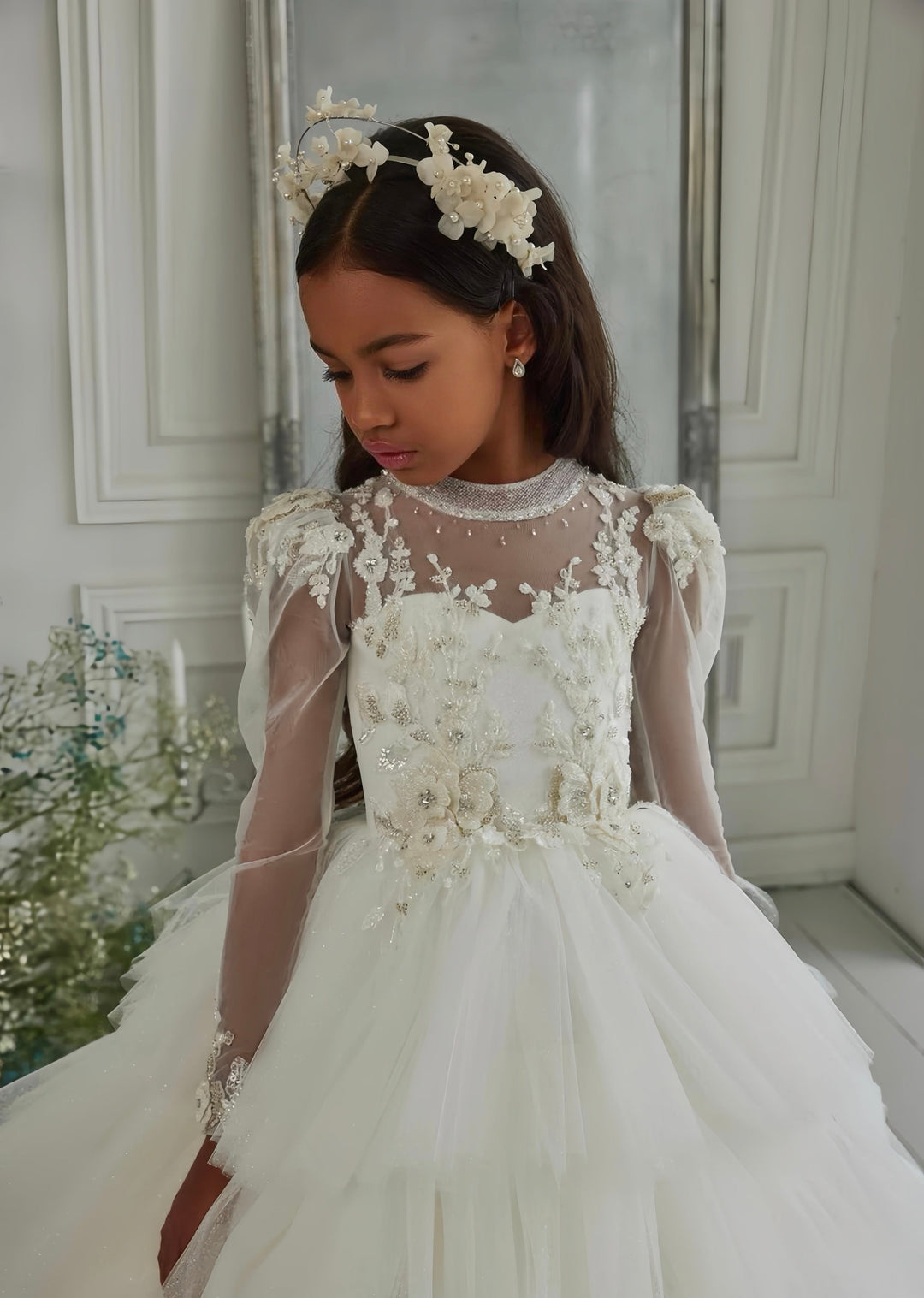 Sunnypetal Layered Fluffy Tulle Lace Flower Girl Dress Communion Celebration Party Gown