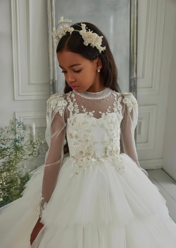 Sunnypetal Layered Fluffy Tulle Lace Flower Girl Dress Communion Celebration Party Gown