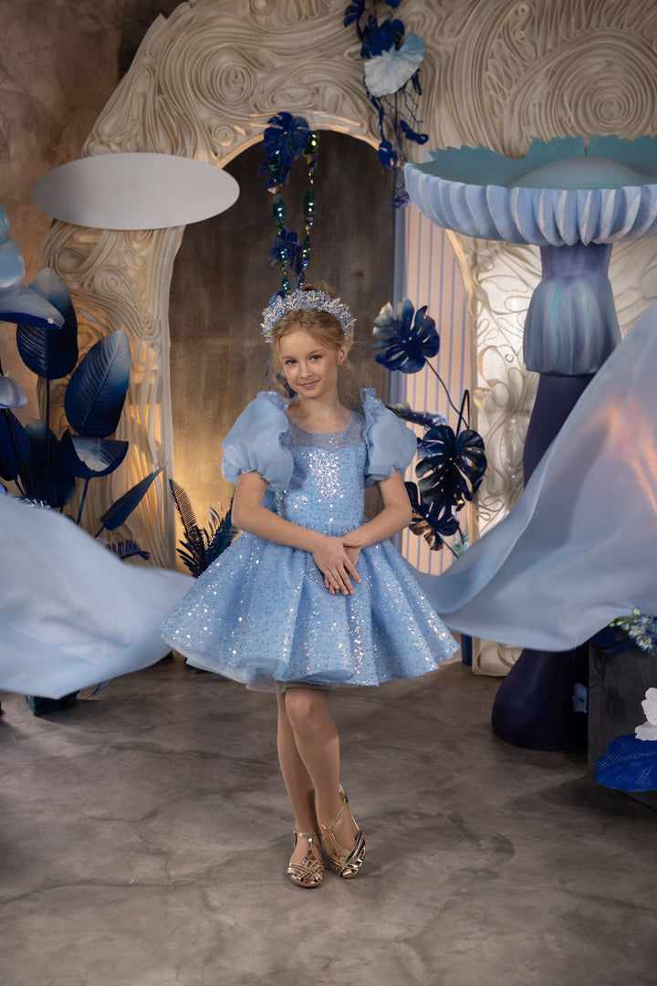 Sunnypetal Light Blue Fairy-Tale Puff Sleeves Sequins Knee-Length Birthday Dress with Big Bow