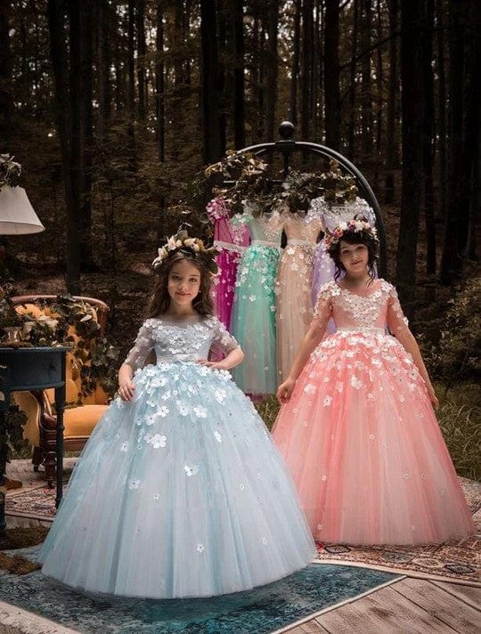 Sunnypetal Light Blue Flower Girl Dresses Half sleeves Tulle Ball Gown Dress With 3D Flower