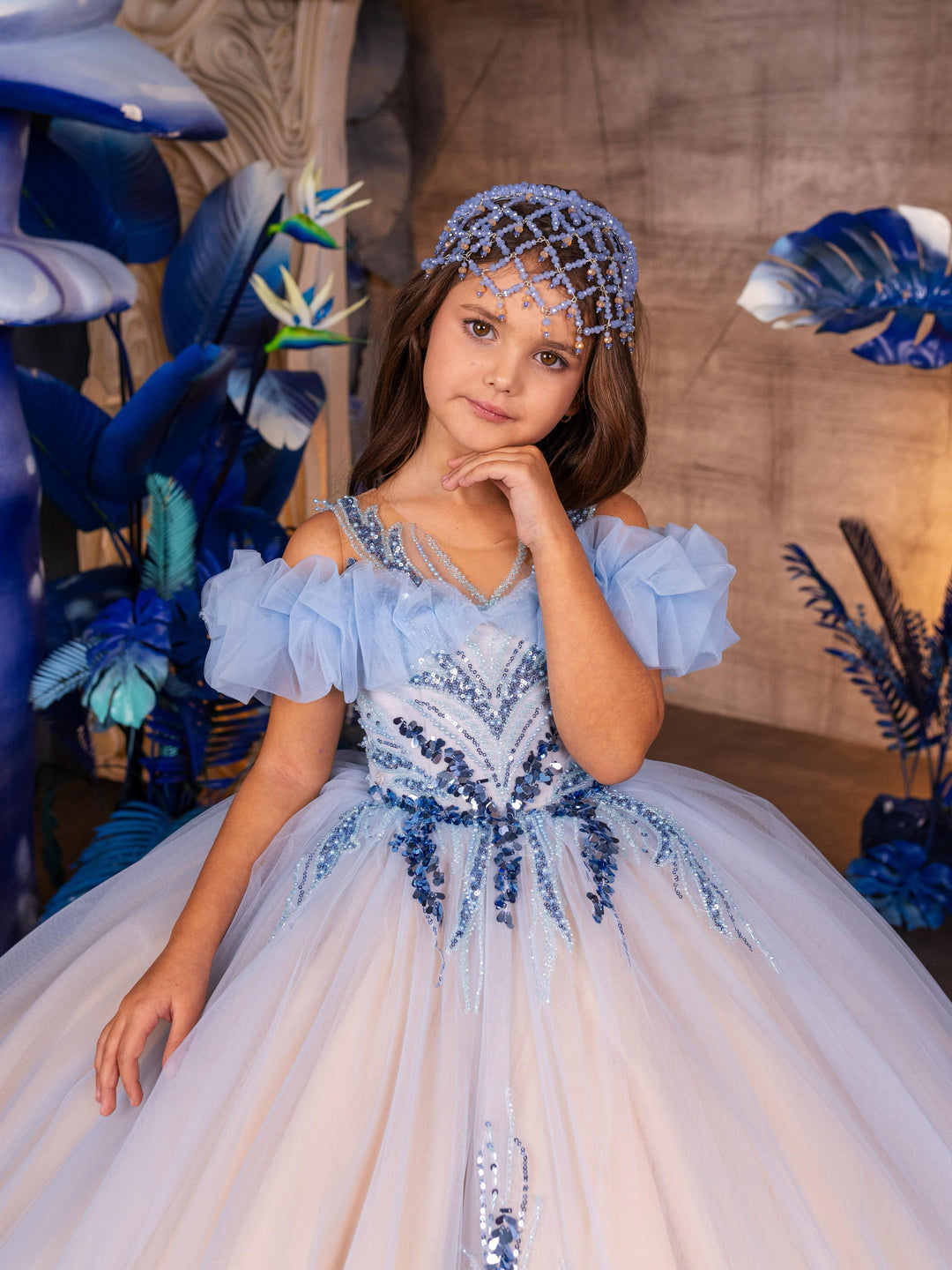 Sunnypetal Light Blue Gradient Sequins Floral Princess Flower Girl Dress Prom Pageant Gowns