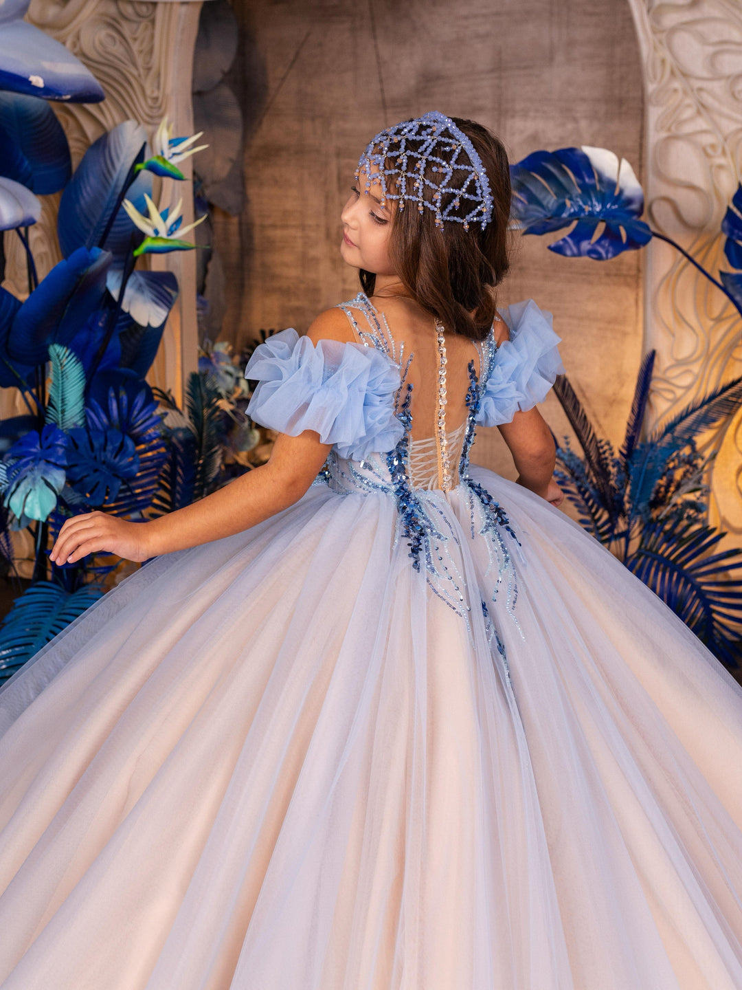 Sunnypetal Light Blue Gradient Sequins Floral Princess Flower Girl Dress Prom Pageant Gowns