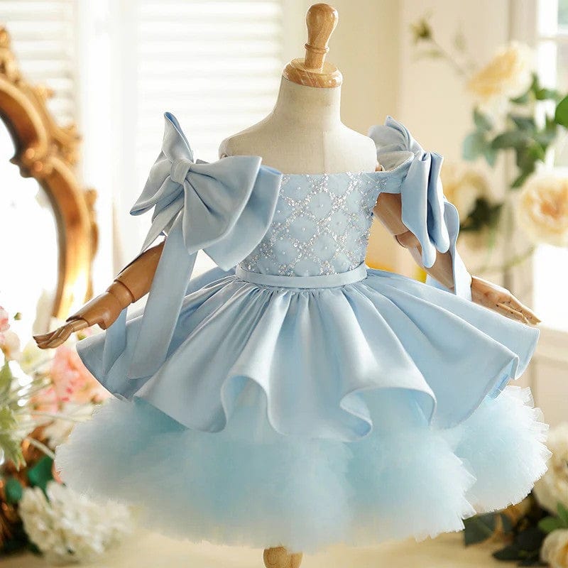 Sunnypetal Light Blue Off-Shoulder Knee-Length Flower Girl Dresses with Bow Sleeves