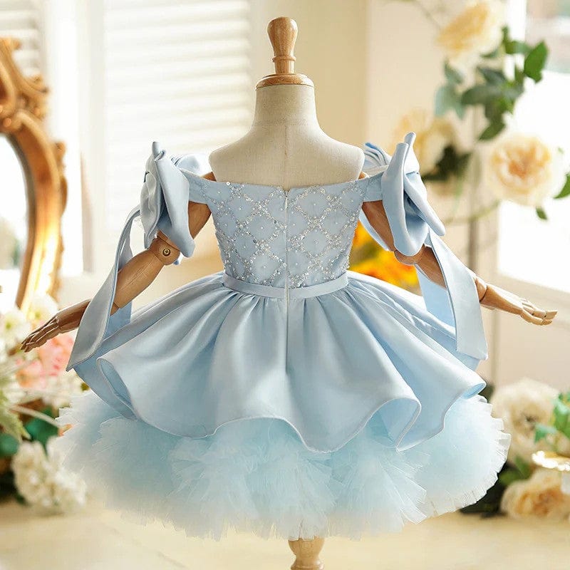 Sunnypetal Light Blue Off-Shoulder Knee-Length Flower Girl Dresses with Bow Sleeves