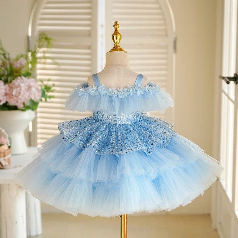 Sunnypetal Light Blue Off-Shoulder Layered Tulle Flower Girl Dresses with Sequin / 3D Flower