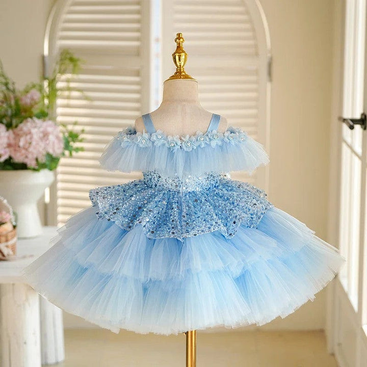Sunnypetal Light Blue Off-Shoulder Layered Tulle Flower Girl Dresses with Sequin / 3D Flower