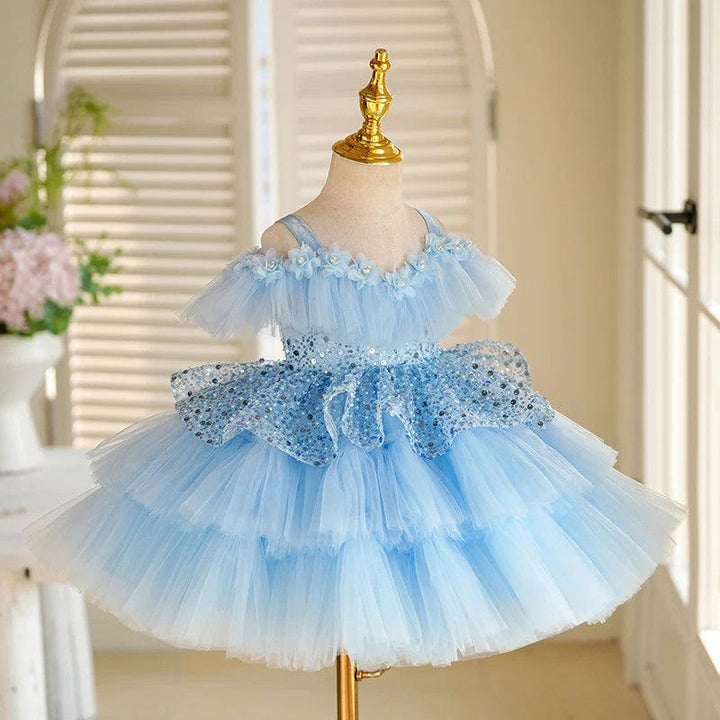 Sunnypetal Light Blue Off-Shoulder Layered Tulle Flower Girl Dresses with Sequin / 3D Flower