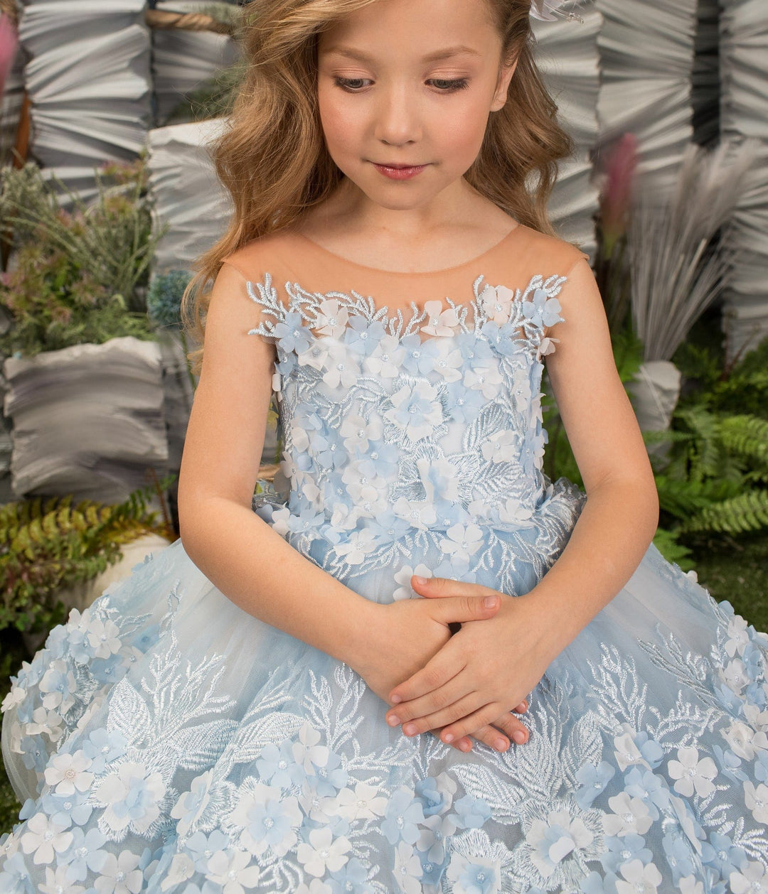 Sunnypetal Light Blue Puff Tulle 3D Flora Appliques Knee-Length Flower Girl Dresses