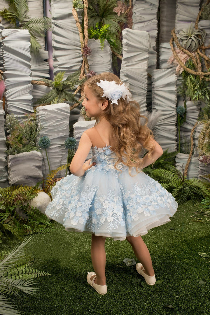Sunnypetal Light Blue Puff Tulle 3D Flora Appliques Knee-Length Flower Girl Dresses
