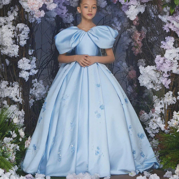 Sunnypetal Light Blue Satin Flower Girl Gown with 3D Floral Embroidery and Royal Cape Train