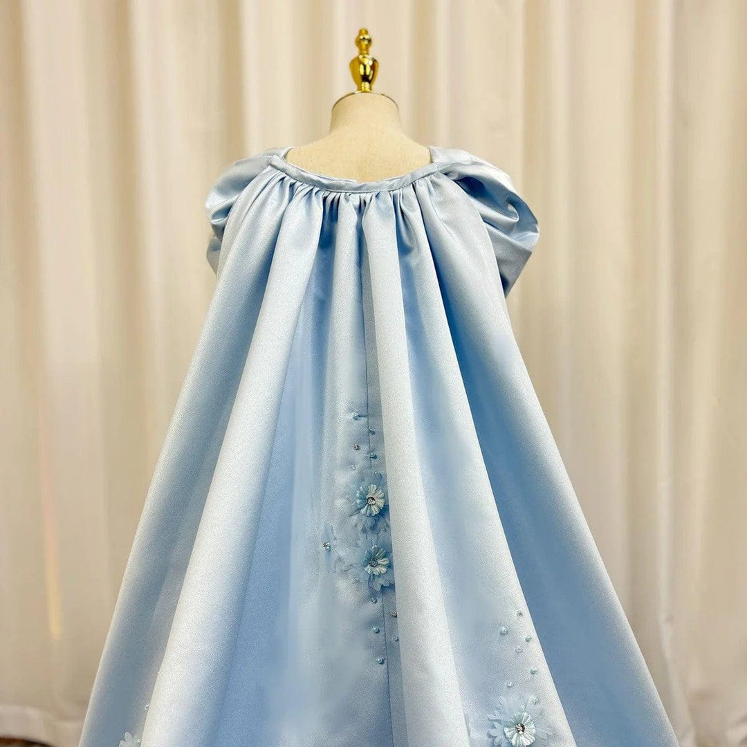 Sunnypetal Light Blue Satin Flower Girl Gown with 3D Floral Embroidery and Royal Cape Train