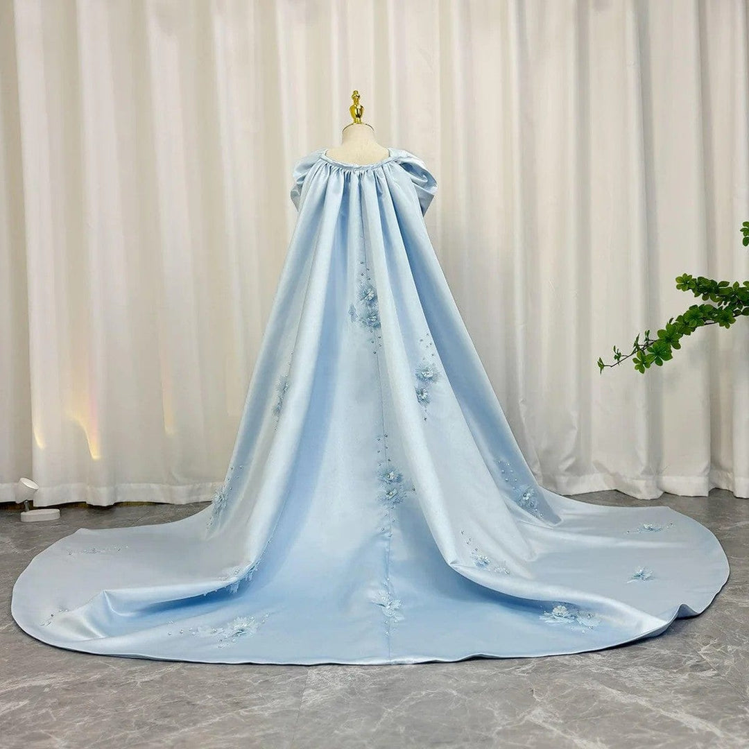 Sunnypetal Light Blue Satin Flower Girl Gown with 3D Floral Embroidery and Royal Cape Train