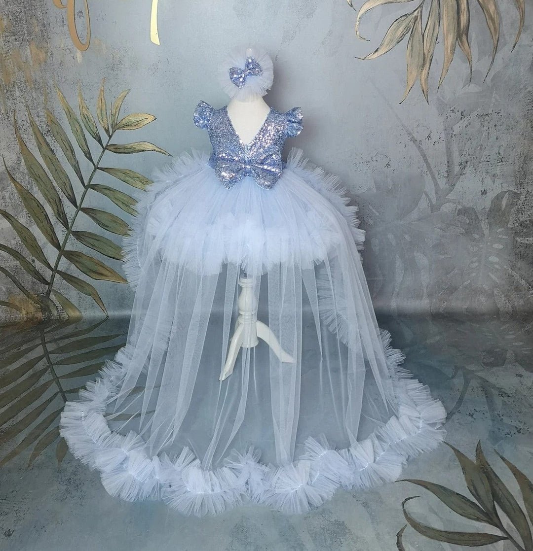 Sunnypetal Light Blue Toddler Birthday Pageant Prom Flower Girl Dresses with Detachable Train
