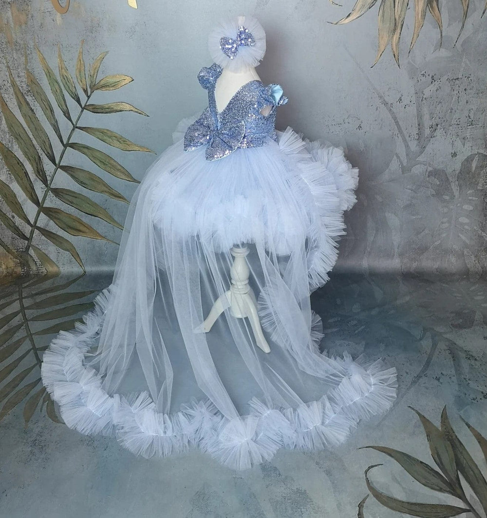 Sunnypetal Light Blue Toddler Birthday Pageant Prom Flower Girl Dresses with Detachable Train