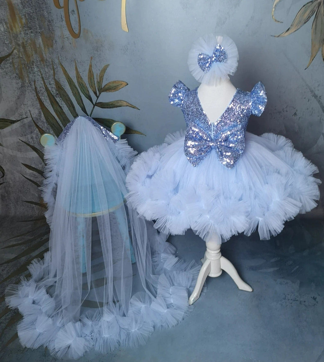 Sunnypetal Light Blue Toddler Birthday Pageant Prom Flower Girl Dresses with Detachable Train